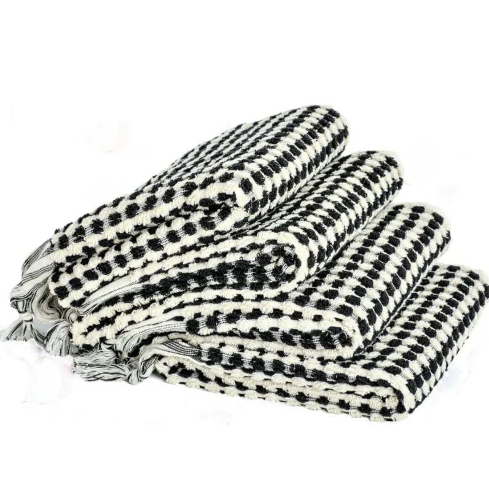 Turkish Spa Cotton Hair Towel Peshtemal Black Natural White PomPom Checkerboard